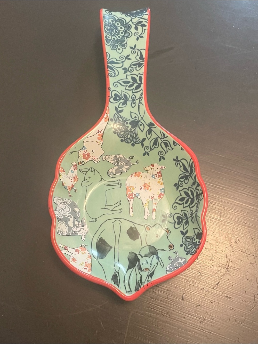 Urban Market Decorative Farm Spoon Rest in Mint Green with Coral Trim Cow Pig
